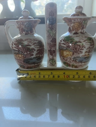 Vintage 3 Pc. Set Nasco Mountain Wood-Land Vinager and Oil Cruet w/ Stand