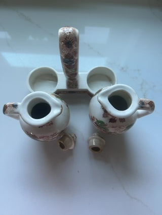 Vintage 3 Pc. Set Nasco Mountain Wood-Land Vinager and Oil Cruet w/ Stand
