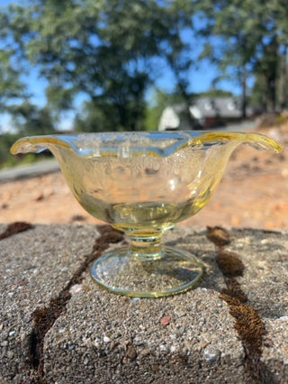 1930s Paden City Yellow Glass Bowl Gothic Garden Etched Design