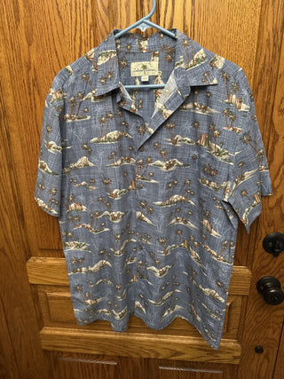 Vintage Island Shores Men's Hawaiian Shirt Blue with Islands SZ LG-RCD