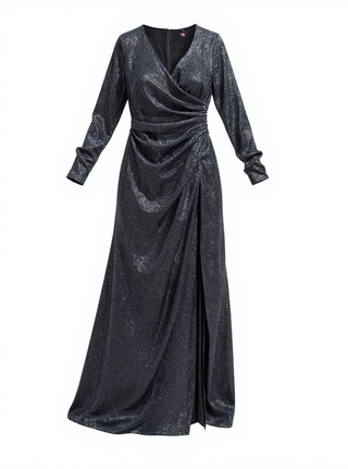 Black long-sleeved dress with silver glitter detailing and a ruched side,  Vince Camuto, size4-RSV