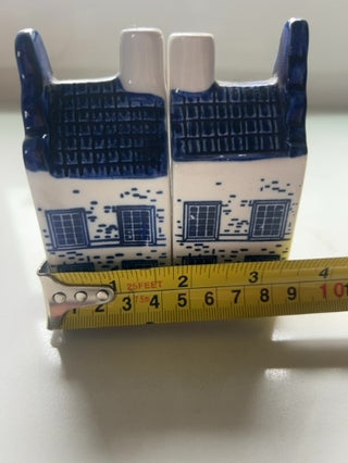 Dutch Delfts Blue Hand Painted Canal House Salt and Pepper Shakers Holland Vtg