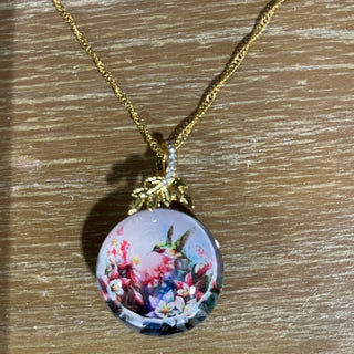 hummingbird glass w/ flowers, 22" chain RSV