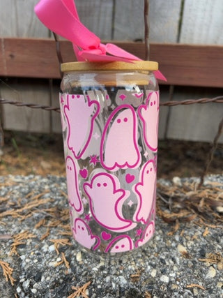 NEW Pink Ghost Glass Tumbler with Engraved Name Bamboo Lid and Glass Straw