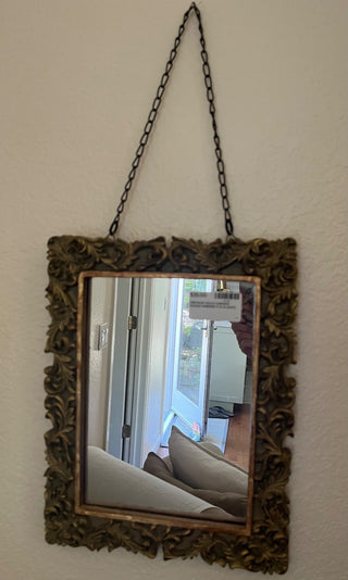 VINTAGE GOLD CARVED WOOD MIRROR WITH HANGING CHAIN 11 X 14 (KJS) RCD|72342
