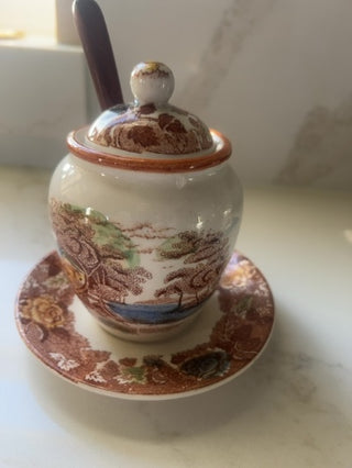1940s Transferware Mustard Jar or Jam Pot With Under Plate