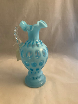Fenton coin dot blue opalescent pitcher 9” tall