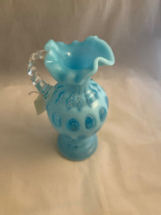 Fenton coin dot blue opalescent pitcher 9” tall