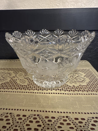 Vintage Crystal Footed Bowl with Frosted Rose Pattern -RCD