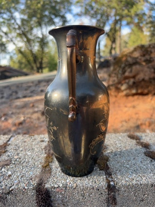 JP Vintage double handle flower engraved brass vase