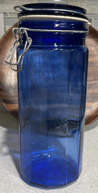 Vintage Cobalt Blue Glass Paneled Canister Jar with Wire Bale Hinge Cottagecore #63 VV MTS