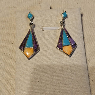 .925 inlaid purple mohave spiny oyster and turquoise signed dangle earrings|89673