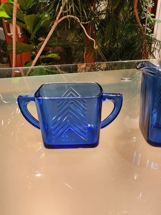 Vtg Hazel Atlas Open Sugar/ Creamer Cobalt Blue Chevron RSV|71645