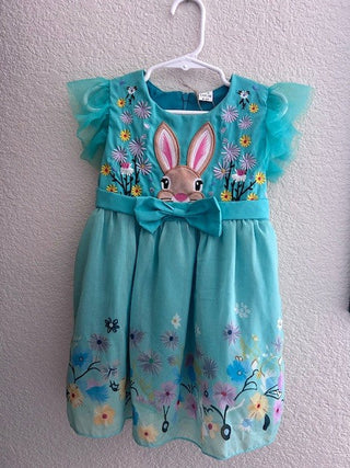 GIRL'S GREEN DRESS W/BUNNY & FLOWERS