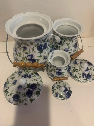 Vtg Limoges canister set/3 blue rose MTS