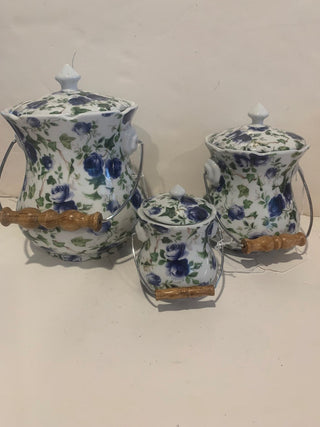 Vtg Limoges canister set/3 blue rose MTS