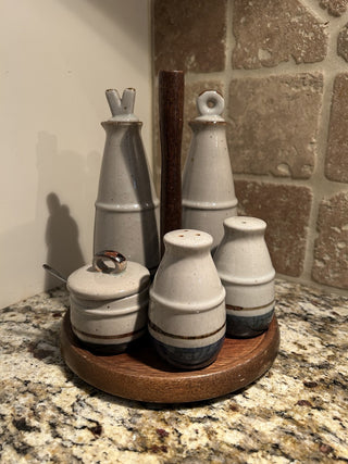 Olive Oil & Vinegar Cruet Set with Wooden Holder, 6 Piece Set   MTS|99606