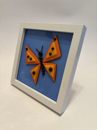 Fused Glass Yellow/Orange Butterfly in 6" Square Frame - AnoGlass|64457