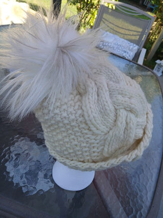 Cream Hand Knit Cable Beanie with Pom Poms|117053