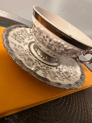 Vintage Teacup/Saucer Gorels Silver Trim MTS