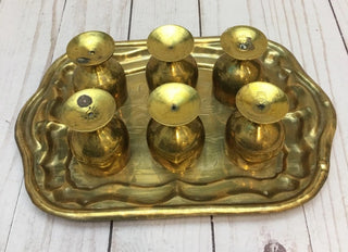 Vintage Set of 6 Brass Cordial Cups wine goblets with floral etched serving tray in valvet case #47 VV MTS|97403