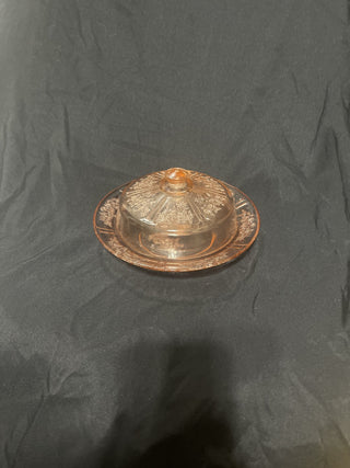 pink depression, glass butter dish rsv