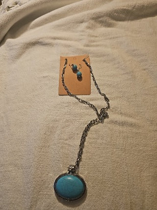 Silver Aztec Oval Turquoise Necklace & Earrings Set