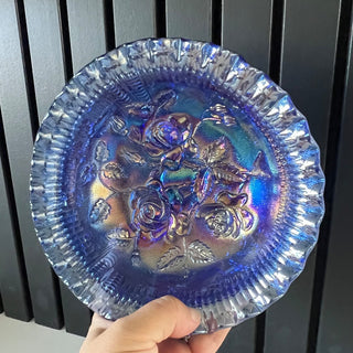 Carnival glass iridescent blue floral footed bowl RSV|116750
