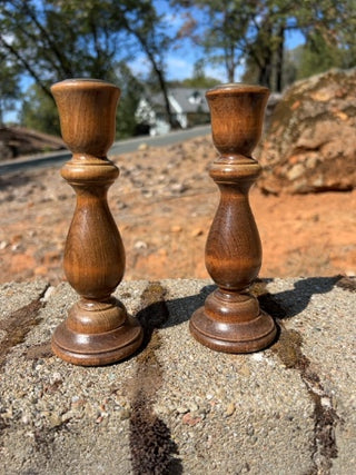 JP pair of vintage turned wood candlestick holders 7.5”