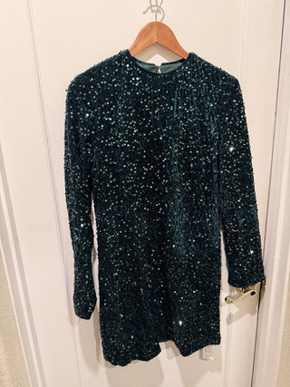 Dark Hunter Green Velvet & Sequin Dress Long Sleeve Women's Size Small #63 VV MTS