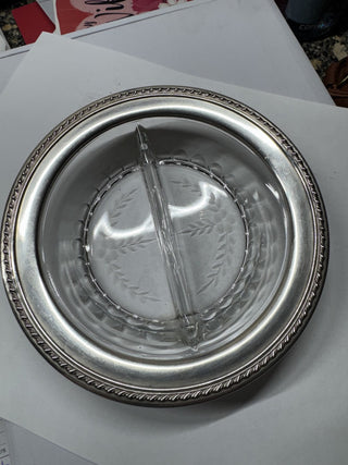 Vtg Wallace Sterling Etched Candy Dish Silver Crystal-KL RCD