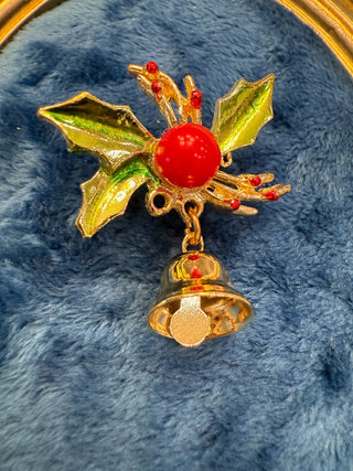 VTS Small Christmas Brooch Holly And Bell Gold Tone Enamel Holiday Red Green|140250