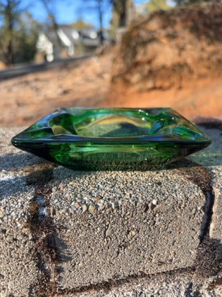 JP AS IS 4.5” x 4.5” vintage mid-century modern green glass square ashtray