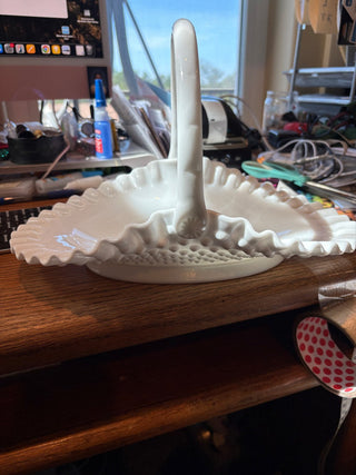 Vtg. Fenton White Milk glass Hobnail basket w/crimped edge 12"w,  9" tall RCD