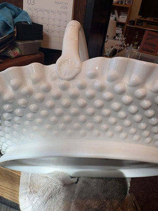 Vtg. Fenton White Milk glass Hobnail basket w/crimped edge 12"w,  9" tall RCD