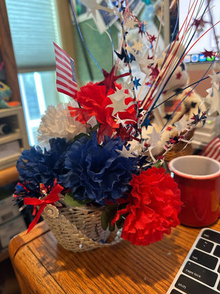 4th of July  - metal basket w/red, white, blue floral/tinsel decor