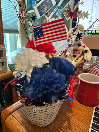 4th of July  - metal basket w/red, white, blue floral/tinsel decor