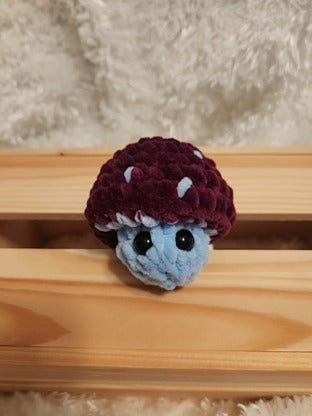 Mushroom Fidget Popper: Crocheted wine red/ light blue