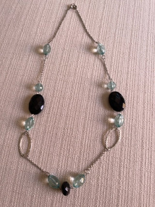 Vintage style black with blue beads Silvertone necklace