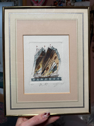 Tom K. M. Lai Signed Framed Watercolor Chinese Junk Ship MTS