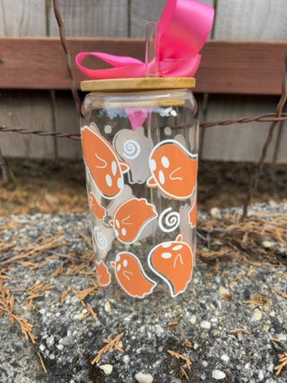 NEW Orange Ghost Glass Tumbler with Engraved Name Bamboo Lid and Glass Straw