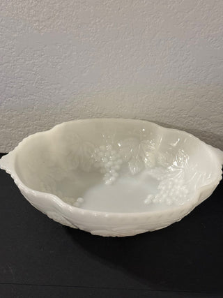 vintage Anchor Hocking milk glass serving bowl in the "Vintage" or "Grape Vine" pattern. RCD