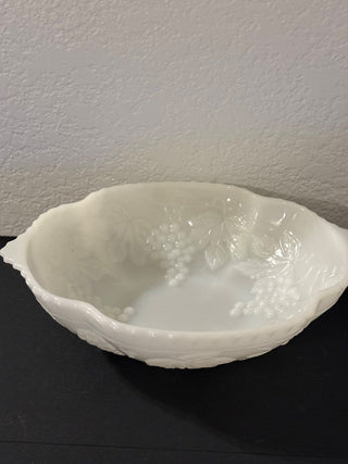 vintage Anchor Hocking milk glass serving bowl in the "Vintage" or "Grape Vine" pattern. RCD