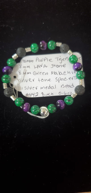 Bracelet #442 purple&green tigers eye, lava stone
