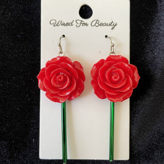 red rose earrings w/ long green stem RSV
