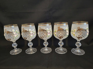 5 Bohemian Wine Goblets Clear w/Frost & Flowers Gold Trim RCD|96288