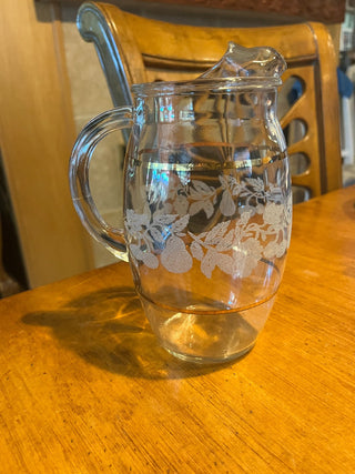(Set of 3)Etched Pitcher w/ 2 Gold Rimmed Glasses