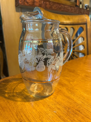(Set of 3)Etched Pitcher w/ 2 Gold Rimmed Glasses