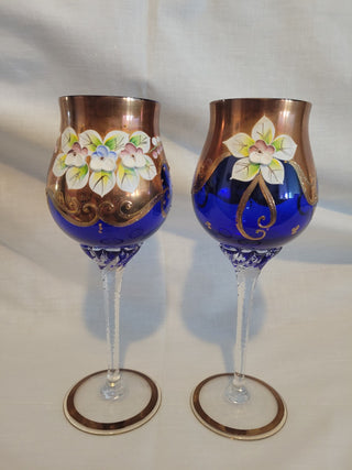 2 Vtg Bohemian Cobalt Blue W/Gold Goblets RCD|96276