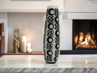 Vintage MCM White Art Glass Vase Black Circle Geometric Space Age